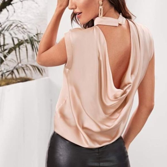 MODA ME COUTURE Tops - Chic Draped Back Button Detail Satin Top